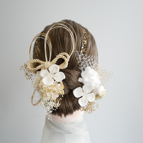 A302 白ゴールド ドライフラワー髪飾り ダブルリボン 水引 和玉 成人式