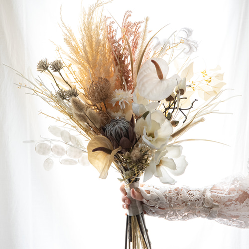 パンパスグラス×プロテア ドライフラワー風クラッチブーケ＆ブートニアset