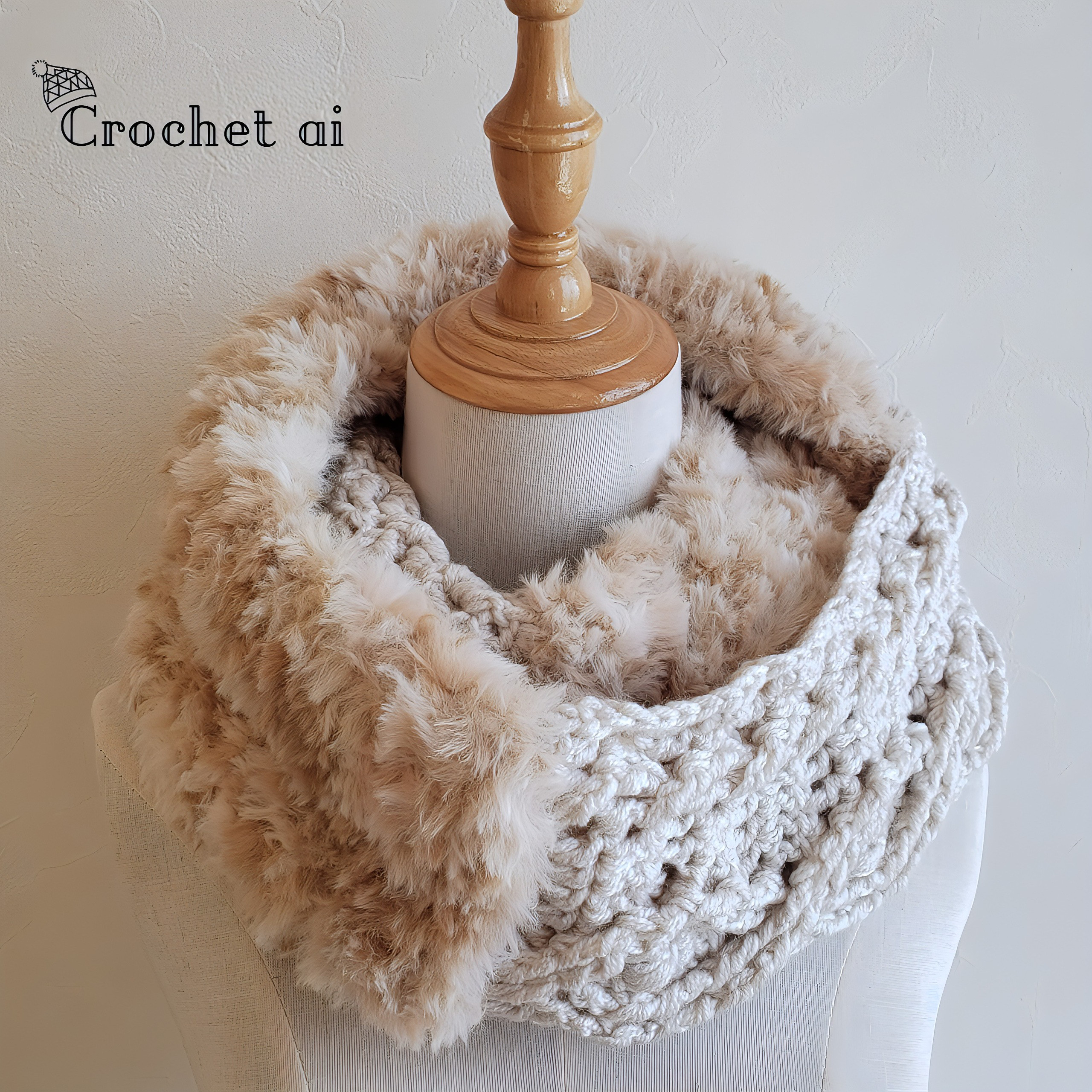 ＊ふんわり冬色＊アラン模様&ファースヌード【オフホワイト×ベージュ】