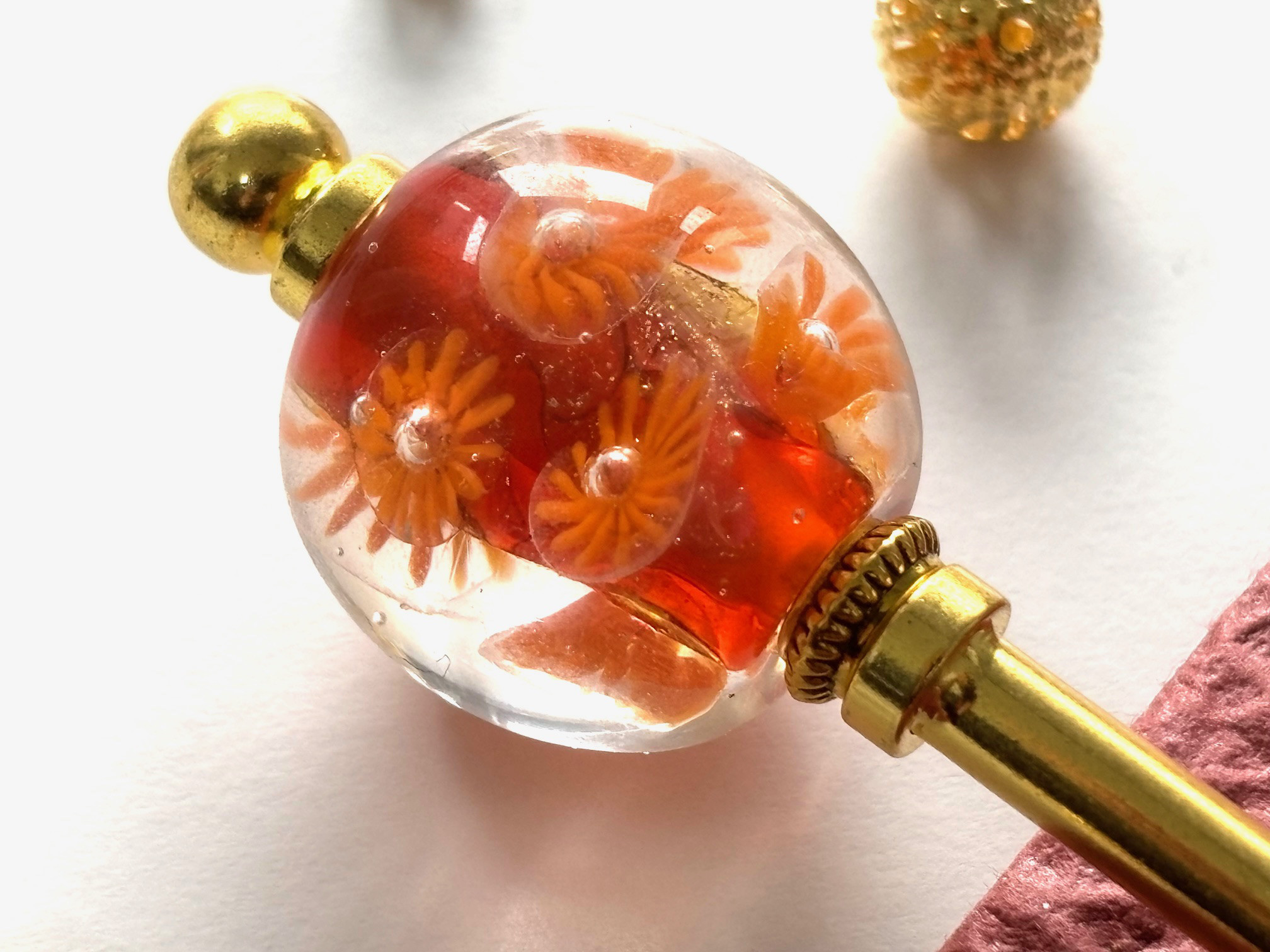 かんざし　イソギンチャクの様なオレンジの泡玉とんぼ玉　蜻蛉玉　トンボ玉　夏秋　涼しげ　花火　一本簪　一本挿し