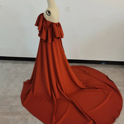 カラードレス テラコッタ色 オフショルダー ロングトレーン 前撮り  