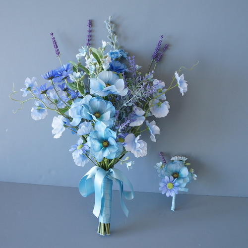 ブーケ アーティフィシャルフラワー 秋のウェディングブーケ ブルー