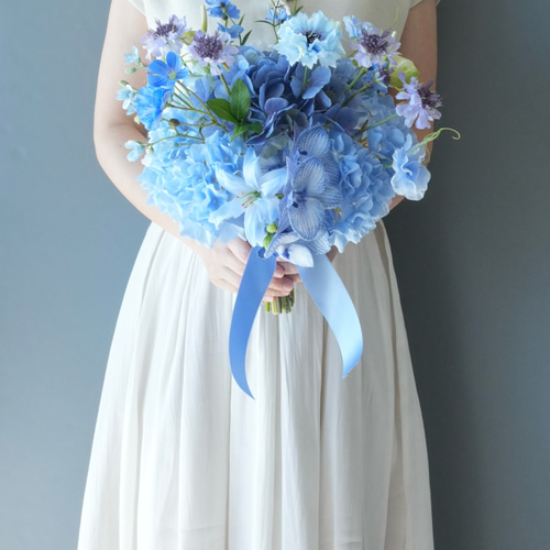 淡ブルーのウェディングブーケ アーティフィシャルフラワー
