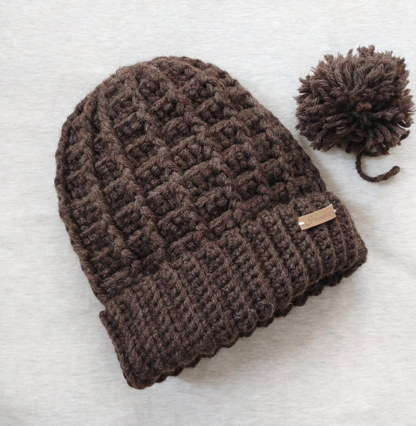 ショコラ色のニット帽☆ワッフル編み☆ニット帽子☆手編み☆ウール100
