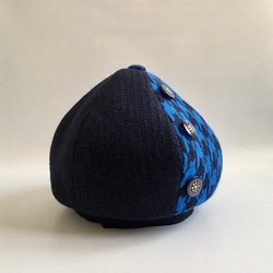 青と紺の千鳥格子がかわいい❤︎ボタン付きウールベレー帽 6枚目の画像