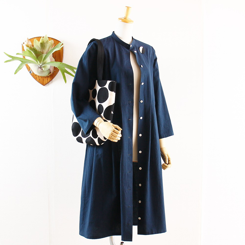 c_o_c_o_r_o　ハンドワッシャーコットン/ネイビー　バンドカラーウエスト切り替えＡラインワンピース