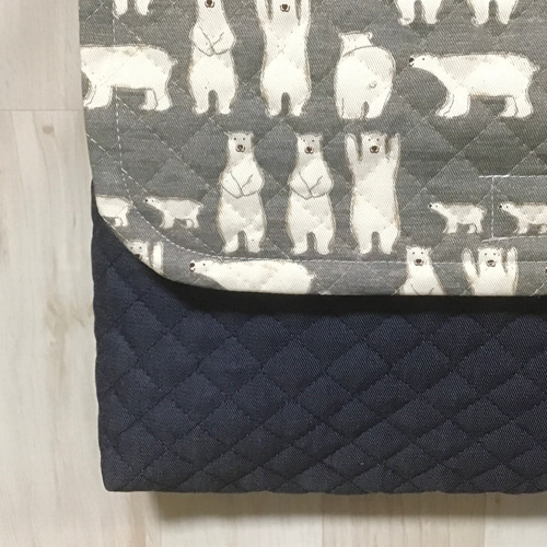 ショルダー型図書袋☆シロクマ☆グレー×紺デニムキルト 男の子 北欧