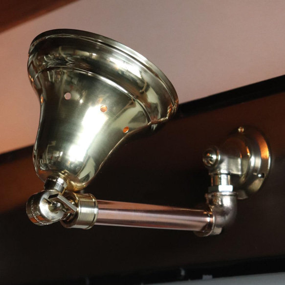 工業系壁掛け照明｜真鍮製山型シェード＆銅製配管インダストリアルブラケットライト◆おしゃれ/カフェ/店舗/真鍮壁付け照明 白熱球