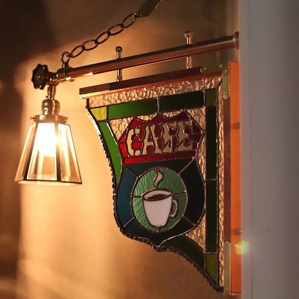 人気デザイナー ステンドグラスCAFEカフェサイン屋内看板照明｜アンティーク 置物
