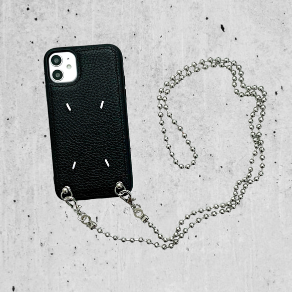 ボールチェーン レザー ブラック スマホショルダー シルバー