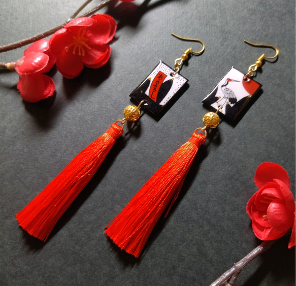 花札&タッセルピアス(イヤリング)（鶴）【サブカル【和ゴス【卒業式