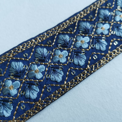 インド 刺繍 リボン ネイビー×ブルー シルク 花 リボン・テープ 月葉