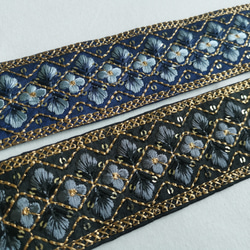 インド 刺繍 リボン ネイビー×ブルー シルク 花 3枚目の画像