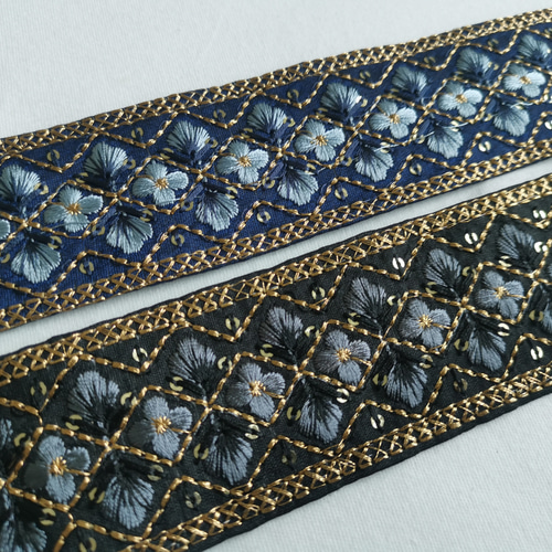 インド 刺繍 リボン ネイビー×ブルー シルク 花 リボン・テープ 月葉