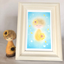 【再販】プレゼントにするならこれ！パステル画の妖精を形にした 黄色の羊毛フェルト人形とパステル画＊ひまわりの妖精 2枚目の画像