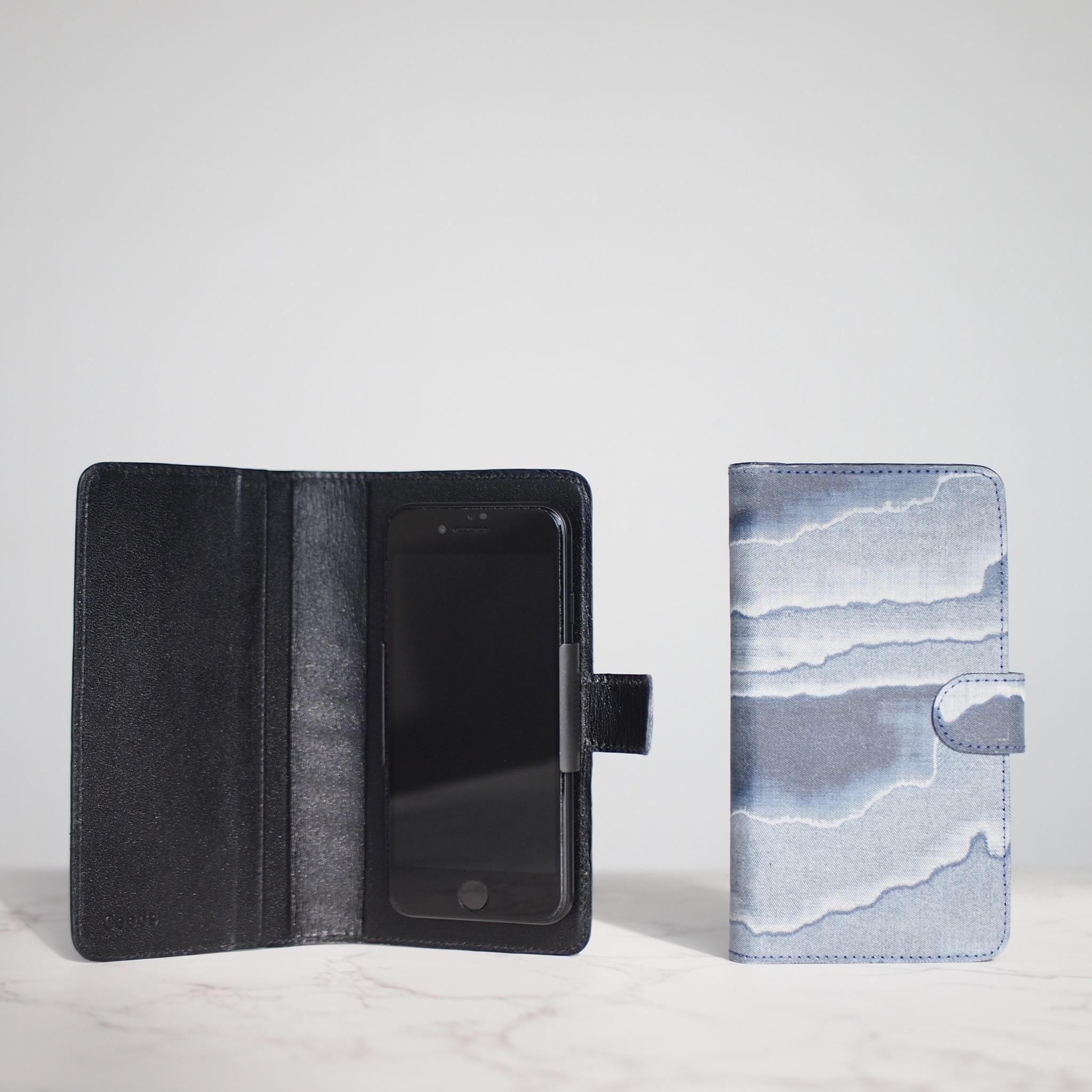 《アップサイクルデニム》 NUNOUS × レザー 手帳型スマホケース  一点もの　贈り物　SDGs　日本製