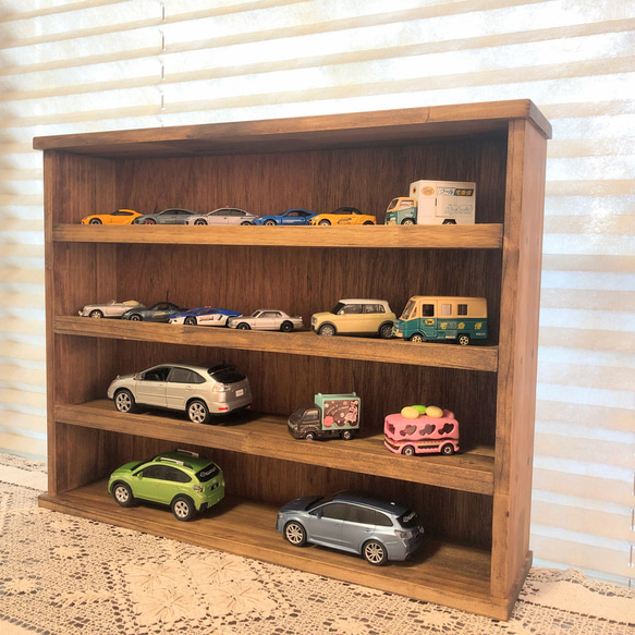 ミニカー収納 トミカ収納 ミニカースタンド 小物収納棚 木製 ストッパー付き　おもちゃ トミカ棚（2色選択） 1枚目の画像