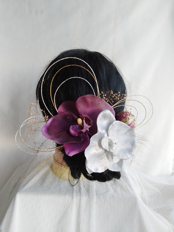 紫 和装髪飾り 18点セット 金箔付き 成人式  結婚式 ドライフラワー 髪飾り