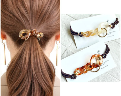 ゴールド と アクリル チェーン ヘアゴム / べっ甲 ヘアアクセサリー