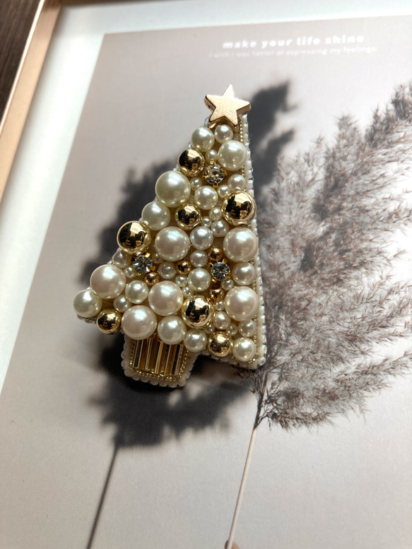 ビーズ刺繍ブローチ クリスマスツリー ゴールドスター ブローチ happa
