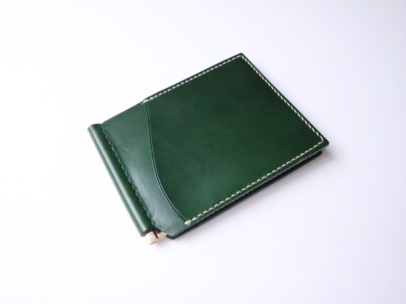 イタリアンレザー　ブッテーロのマネークリップ財布　メンズ　緑 グリーン　札バサミ　薄型　スリム　シンプル　牛革　 7枚目の画像