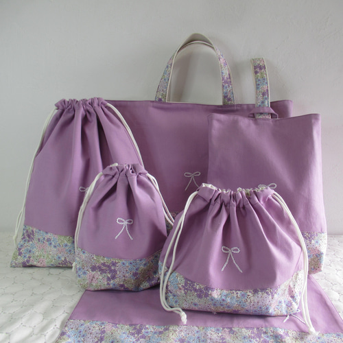 即納可能】濃パープル花柄 上靴袋☆ リボン刺繍 さくらんぼ 上履き袋
