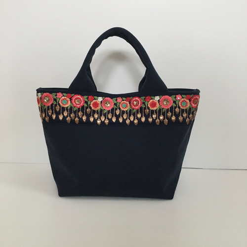 インド刺繍リボンとクッタリ帆布のトートバッグ◇ネイビー トート