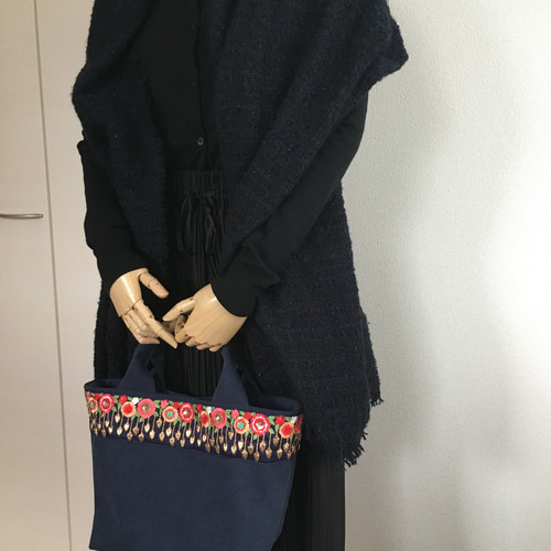 インド刺繍リボンとクッタリ帆布のトートバッグ◇ネイビー トート 