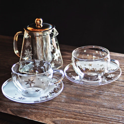 ティーセット3点】雪の結晶 ガラスティーカップ＆ソーサー2個＋