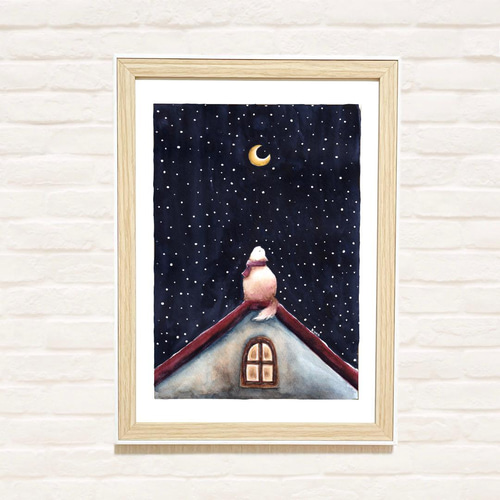 雪の夜猫原画手描きイラスト