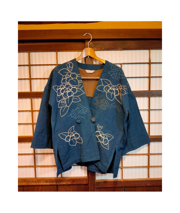 本藍染 椿柄 刺子半纏風カーディガン 手縫い仕立て カーディガン 銀座