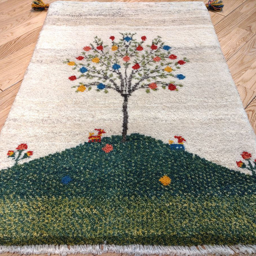 ペルシャ ギャッベ 玄関マット 90x60 ザクロの木 ランドスケープ