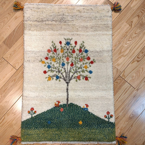 ペルシャ ギャッベ 玄関マット 90x60 ザクロの木 ランドスケープ