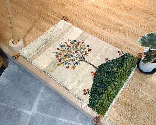 ペルシャ ギャッベ 玄関マット 90x60 ザクロの木 ランドスケープ