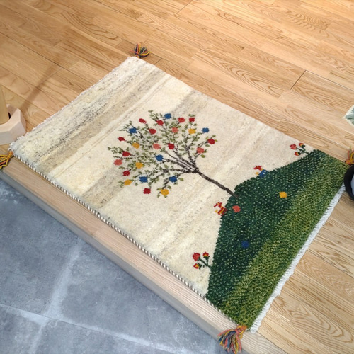ペルシャ ギャッベ 玄関マット 90x60 ザクロの木 ランドスケープ