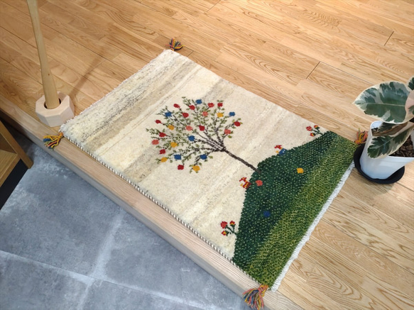 ペルシャ ギャッベ 玄関マット 90x60 ザクロの木 ランドスケープ
