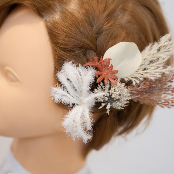 【ショートヘアーやベリーショートの花嫁様に】ドライフラワー風ヘッドパーツA　秋冬のBOHOウェディングの髪飾り 4枚目の画像