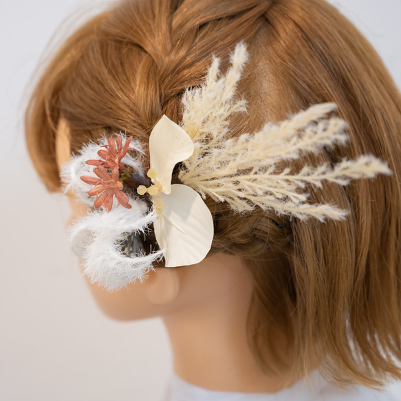 【ボブやショートボブの花嫁様に】クレマチスシード・パンパスグラスのヘッドドレスB　秋冬のBOHOウェディングの髪飾り 5枚目の画像