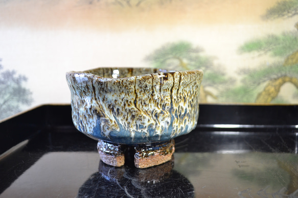 再入荷！】抹茶茶碗割高台(孔雀釉)ネプチューン ＊抹茶茶碗 ※桐箱入り