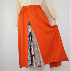 オレンジ！不規則重ねスカート☆レトロシャツ×デニム☆古着リメイク 着物リメイク 送料無料 橙色の元気スカート フレアスカート アトリエ