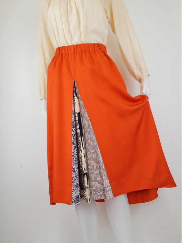 着物リメイク 送料無料 橙色の元気スカート 1枚目の画像
