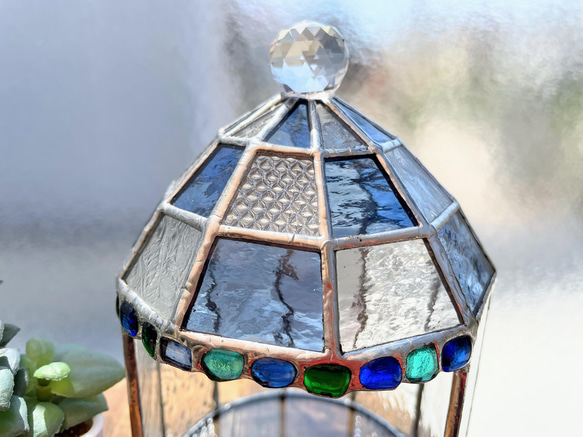 鳥かご　ブルー　（ステンドグラスのテラリウム・ガラスポット・プランター） 3枚目の画像