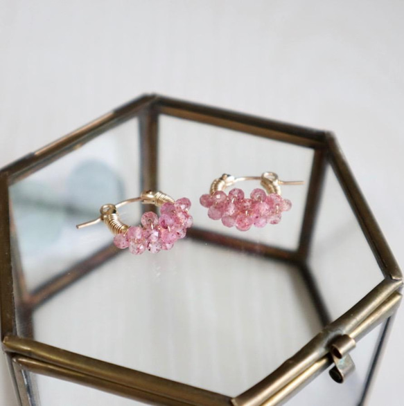 ｛ピアス/イヤリング｝14kgf/petit berries hoops ストロベリークォーツ 5枚目の画像