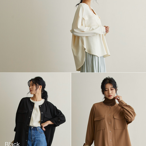 なめらか裏起毛シャツ あったか＆ゆるふわ ノーカラー サイズ38 モカ