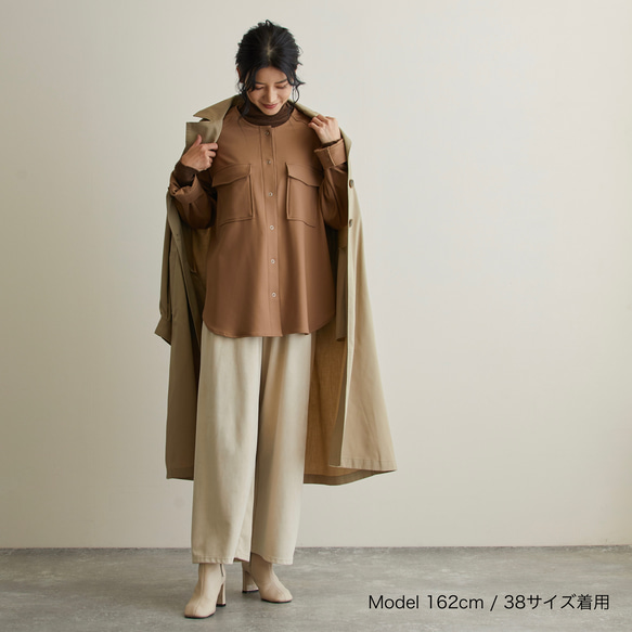 なめらか裏起毛シャツ　あったか＆ゆるふわ　ノーカラー　サイズ38　モカ　スナップボタン　 13枚目の画像