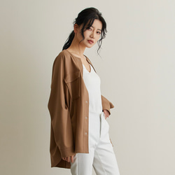 なめらか裏起毛シャツ　あったか＆ゆるふわ　ノーカラー　サイズ38　モカ　スナップボタン　 8枚目の画像