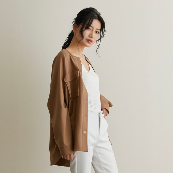 なめらか裏起毛シャツ　あったか＆ゆるふわ　ノーカラー　サイズ38　モカ　スナップボタン　 8枚目の画像