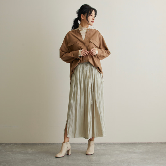 なめらか裏起毛シャツ　あったか＆ゆるふわ　ノーカラー　サイズ38　モカ　スナップボタン　 16枚目の画像