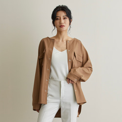 なめらか裏起毛シャツ　あったか＆ゆるふわ　ノーカラー　サイズ38　モカ　スナップボタン　 7枚目の画像