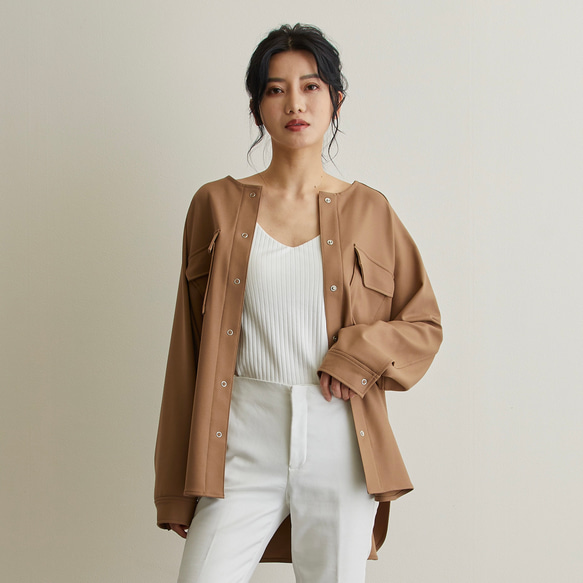 なめらか裏起毛シャツ　あったか＆ゆるふわ　ノーカラー　サイズ38　モカ　スナップボタン　 7枚目の画像